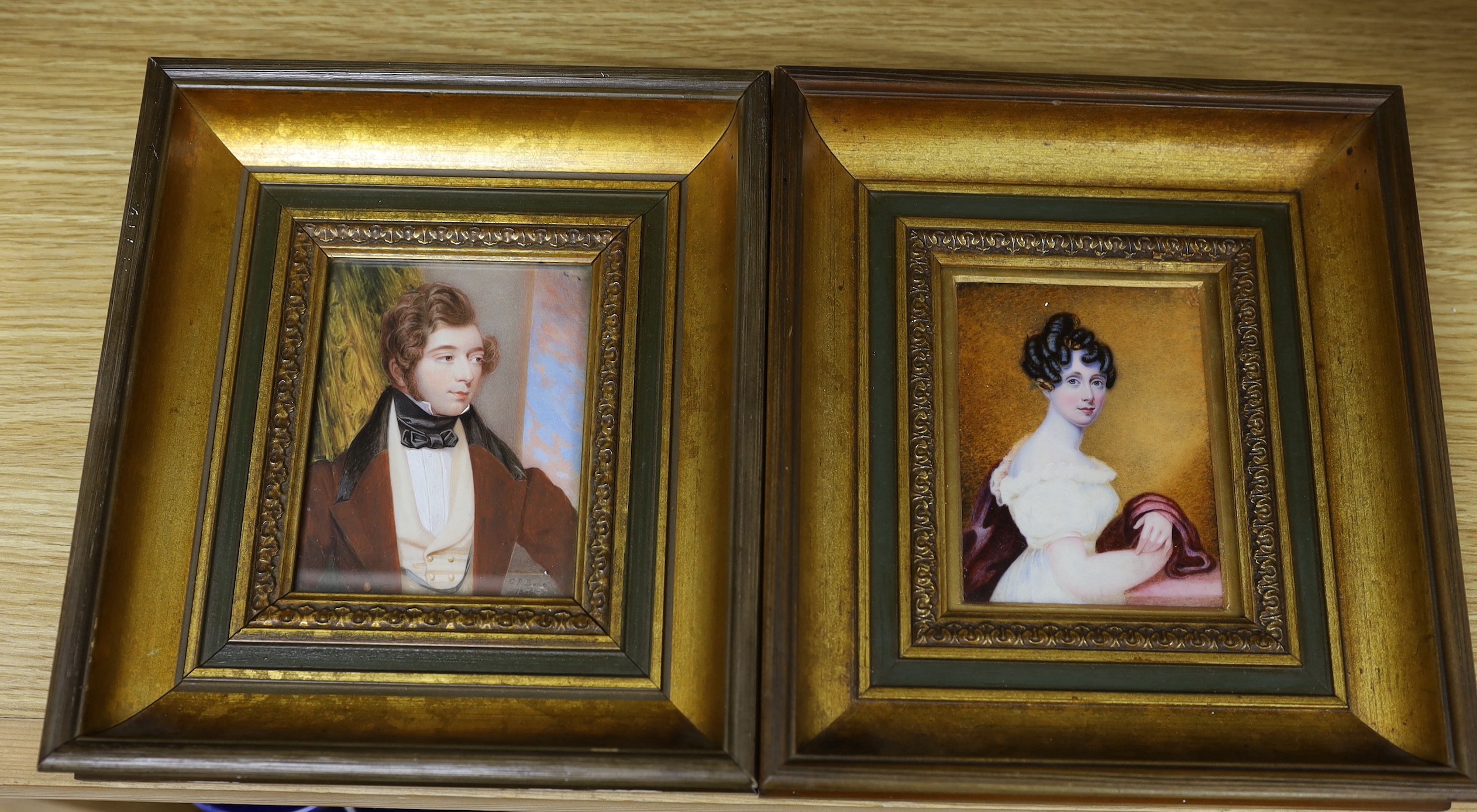 Charles Richard Bone (1809-1880), pair of watercolours on ivory, Miniature portraits of a lady and gentleman, one signed and dated 1835, 11 x 9cm